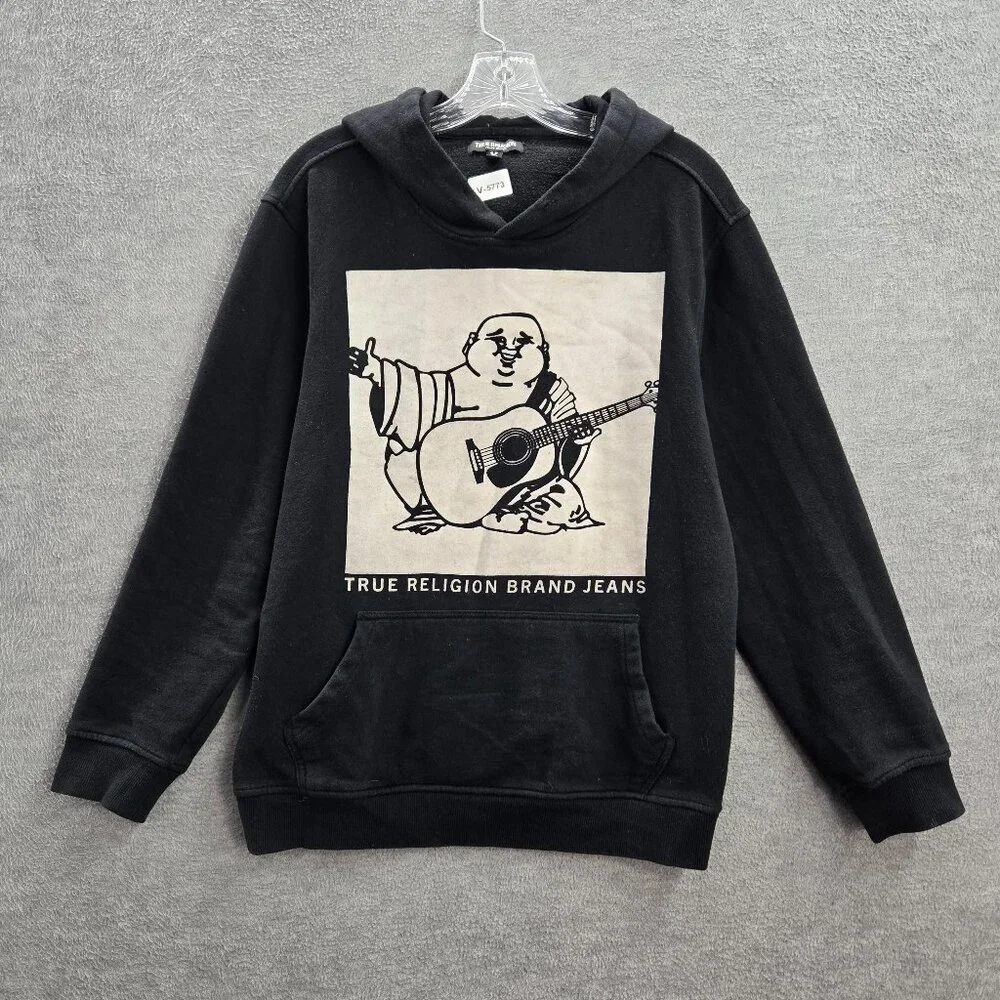 True Religion Men Sweatshirt Medium Black Hoodie Logo Graphic Print READ